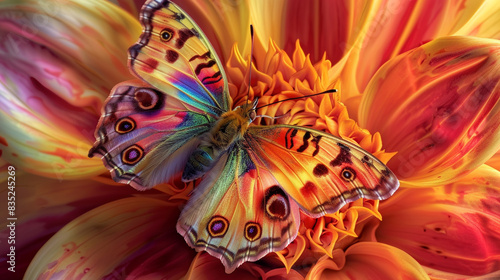 A stunning close-up of a rainbow-colored butterfly resting on a bright, vibrant flower. © Farah