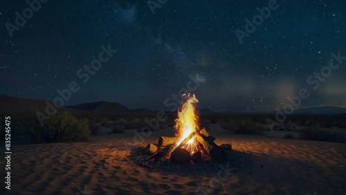 A bright bonfire in a tranquil desert with a clear dark sky filled with stars. seamless looping overlay 4k virtual video animation background