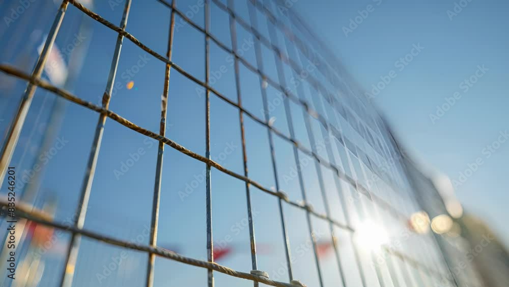 A low angle shot of a metal panel fence covered in official construction notices standing tall against a clear blue sky. A low angle shot of a metal panel fence covered in official construction notices standing tall against a clear blue sky.