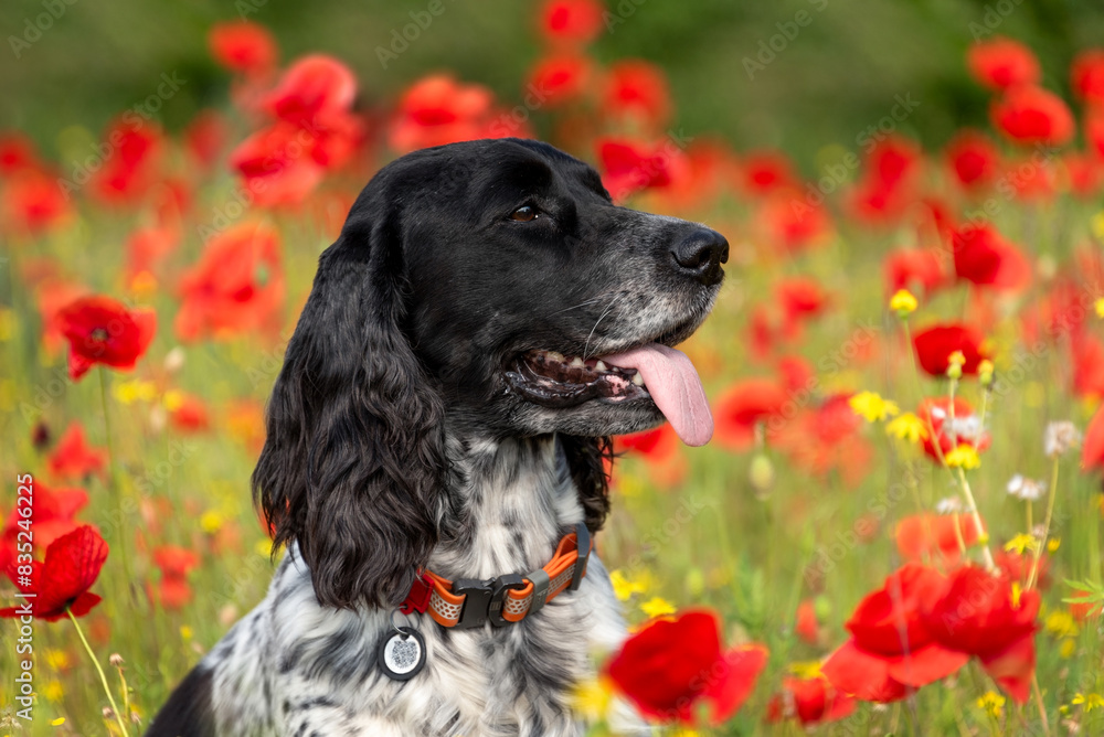 Portrait of a black and white dog of the hunting spaniel breed against a background of red poppies and various yellow flowers. A walk with a pet. Hunting dog. Portrait of a black and white dog of the hunting spaniel breed against a background of red poppies and various yellow flowers. A walk with a pet. Hunting dog.