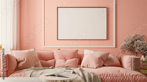 A tranquil living room with a soft peach sofa and a blank white frame on the wall, creating a serene and inviting ambiance.