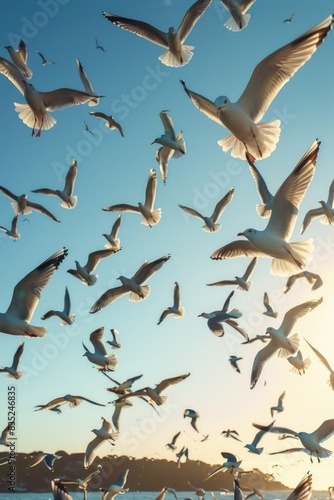 A group of seagulls soar above the surface of a lake or ocean, their white feathers glistening in the sunlight
