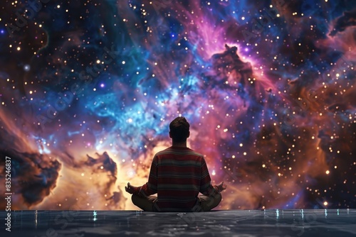 A person sits in a lotus position gazing at the stars, with a vibrant and colorful galaxy as the backdrop