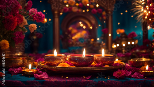 A mesmerizing diwali background design with diya lamp and colorful patterns