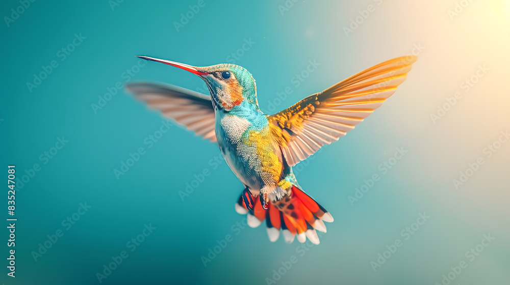 Obraz premium A vibrant, multicolored hummingbird flying against a backdrop of a bright blue sky, showcasing the sharpness and clarity of 4K photography