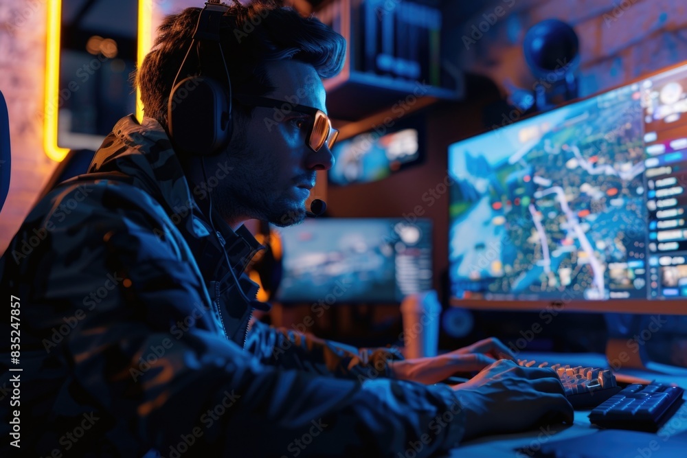 A person sitting in front of a computer wearing headphones, probably focused on work or study A person sitting in front of a computer wearing headphones, probably focused on work or study