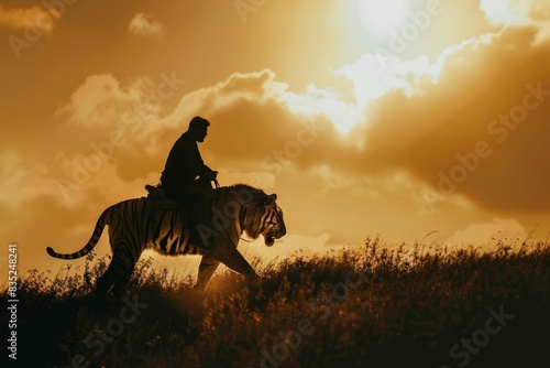 A person riding on the back of a white tiger  exploring wilderness or adventure scene