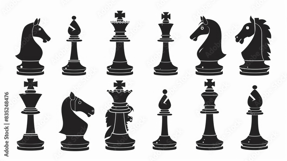 A collection of black and white chess pieces on a flat surface A collection of black and white chess pieces on a flat surface