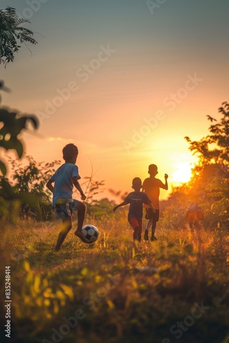 Kids having fun playing soccer outdoors