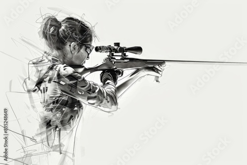 A woman holds a rifle and aims at something photo