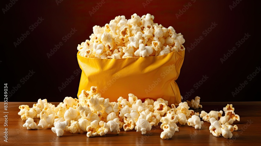 Photograph of a giant bag of popcorn, overflowing with fluffy, buttery kernels, ready for a movie night Photograph of a giant bag of popcorn, overflowing with fluffy, buttery kernels, ready for a movie night