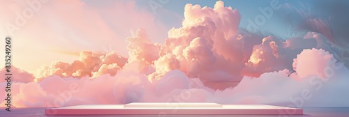 Early morning dreamy sunrise podium exhibition. Products showcased with peach clouds backdrop in a pastel sky.