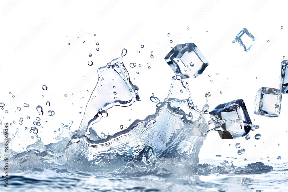 Crystal clear ice cubes splash into water creating refreshing waves ...