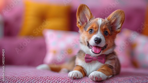 An adorable puppy with a carnival-themed bowtie, sitting on a sofa pastel background © lichichu