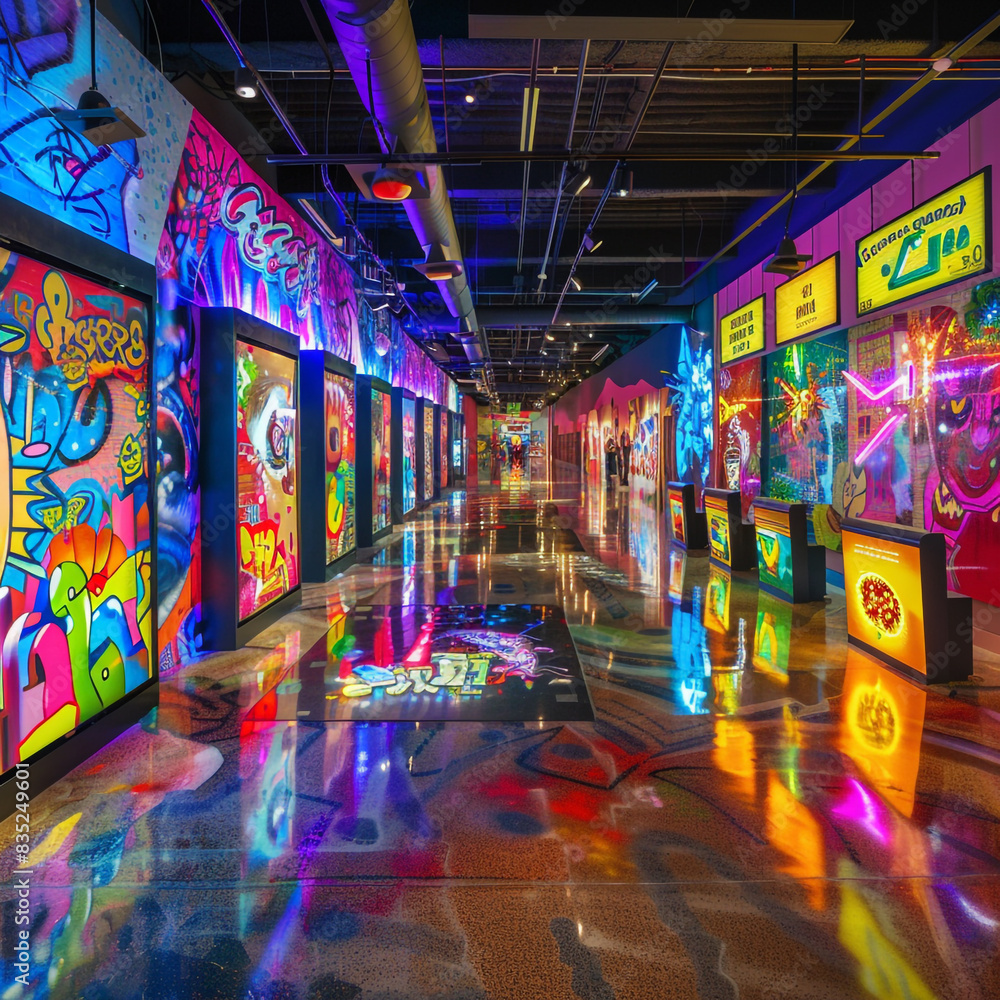 A vibrant gallery showcasing colorful street art and interactive digital installations, creating a lively urban atmosphere. A vibrant gallery showcasing colorful street art and interactive digital installations, creating a lively urban atmosphere.