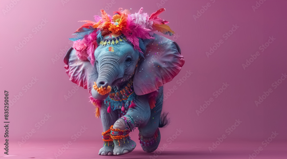 A whimsical elephant with a carnival headdress, dancing on a pastel purple background, studio light elephant carnival fantasy, copy space wild life background banner 