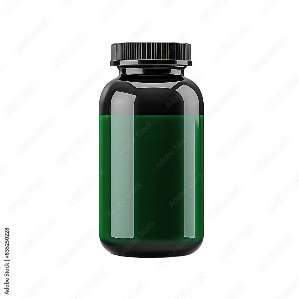 Fototapeta premium black solid plastic pills bottle with a green label isolated on white