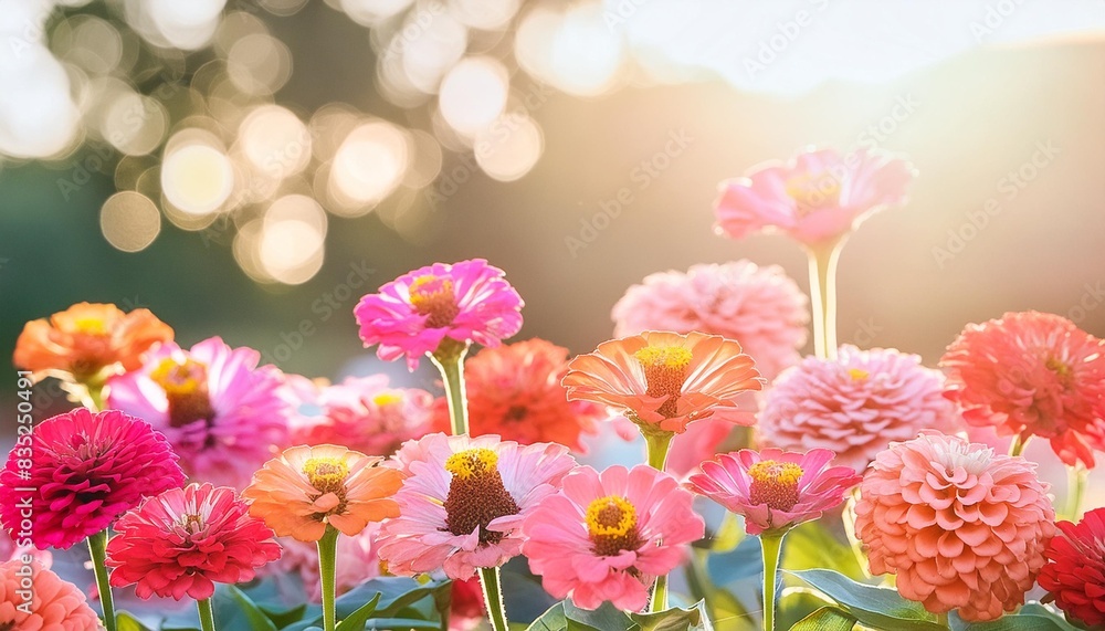 Obraz premium Colorful beautiful multicolored flowers Zínnia spring summer in Sunny garden in sunlight on nature outdoors.