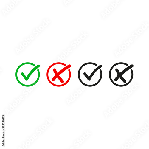 check mark icon button set. check box icon with right and wrong buttons and yes or no checkmark icons in green tick box and red cross. Black Tick and Black cross vector illustration photo