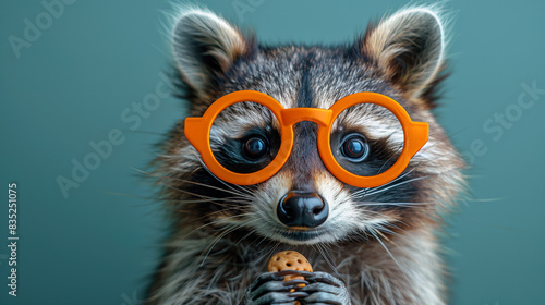A charming raccoon holding a treat on a blue background  copy space wild life background banner 