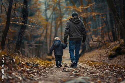 A father-son duo taking a stroll through a woodland area, surrounded by trees and foliage © Fotograf