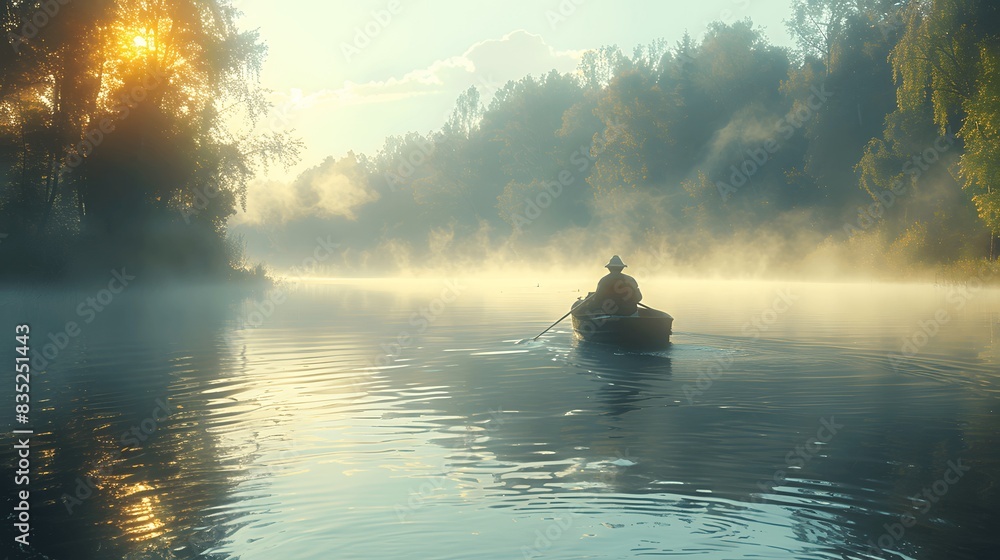 Rowing into dawn: Angler's tranquil retreat. Rowing into dawn: Angler's tranquil retreat.