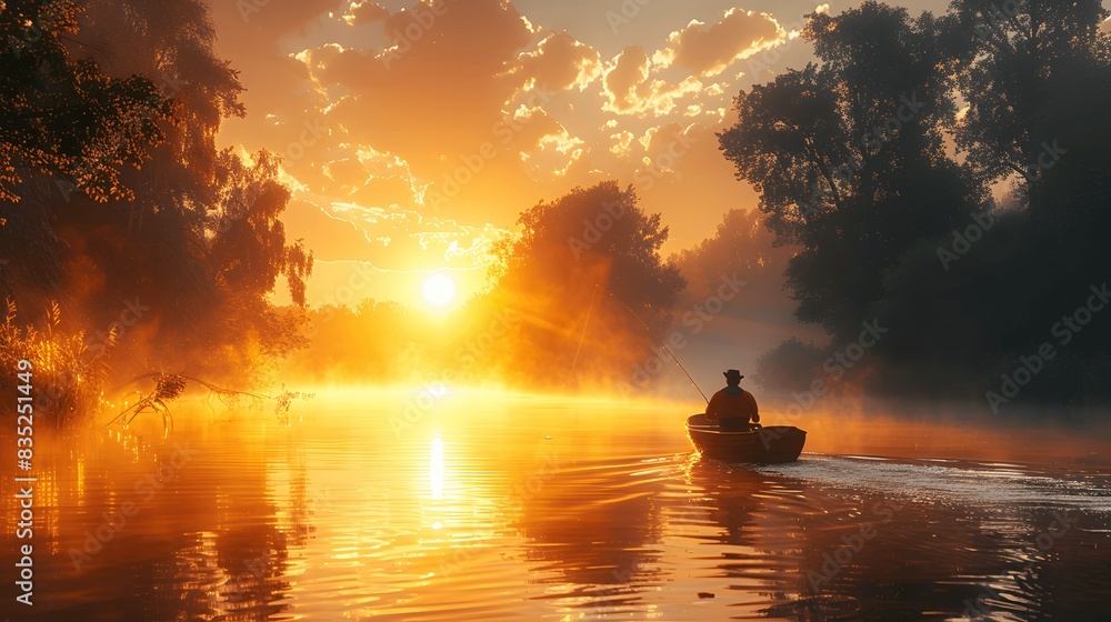 Quiet river reflections: Angler's morning ritual. Quiet river reflections: Angler's morning ritual.