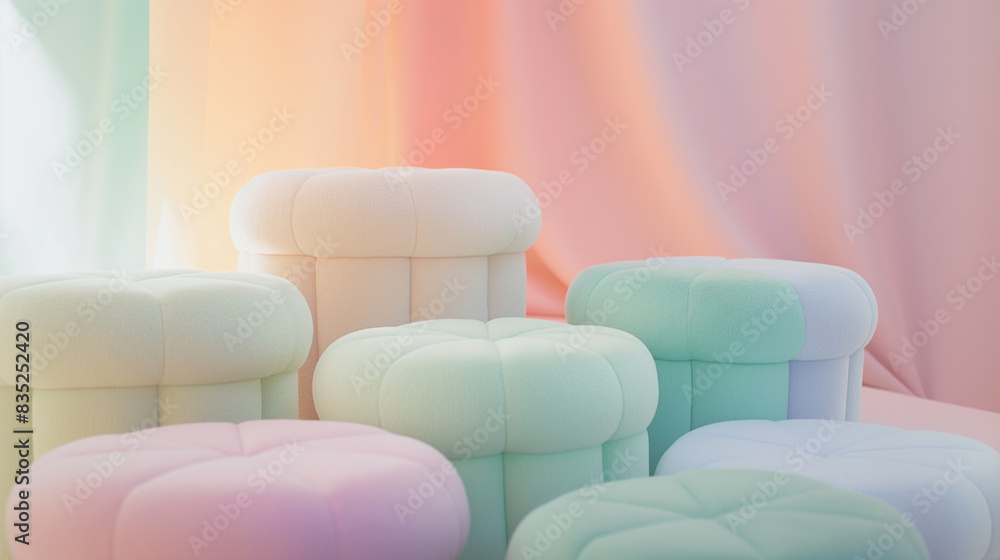 Empty Colorful Pastel stacked fluffy Wool Podiums with Dreamy Lighting for Product Display Empty Colorful Pastel stacked fluffy Wool Podiums with Dreamy Lighting for Product Display