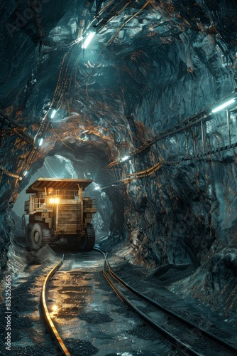  Underground perspective of mining operations with heavy machinery and dynamic lighting