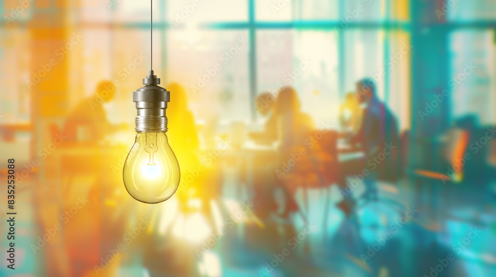 Fototapeta premium A lightbulb glows against a blurred office background, concept of creative ideas and innovation. Generative AI