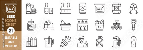A set of line icons related to Beer. Bar, beer, party, alcohol, test, plant, can, cheers and so on. Vector outline icons set.