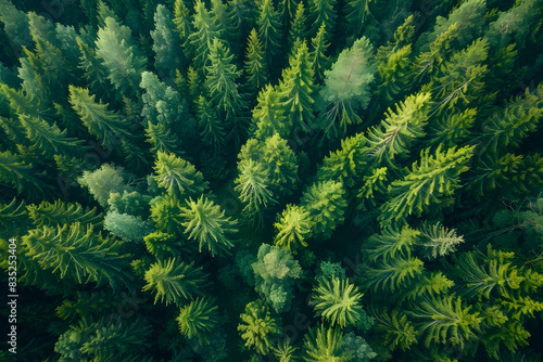 Aerial top view of a forest in rural Finland in the summertime, photo taken by a drone.