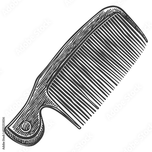 Etched Comb: Classic Grooming Tool, Hand-Drawn Detail, Vintage Style, Black and White Illustration.