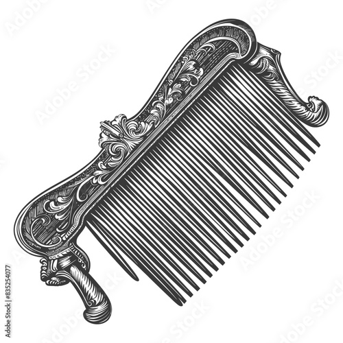 Ornate Engraved Hair Comb, Vintage Styling Tool, Detailed Illustration.