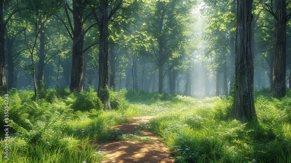 Obraz premium Lush Forest Path: Capture the serenity of a lush forest path with towering trees, dappled sunlight, and a winding trail, perfect for nature blogs
