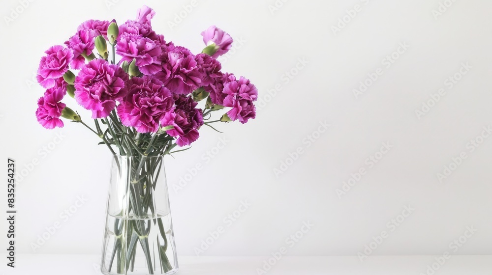 A beautiful arrangement of purple carnations in a clear glass vase, placed against a white background A beautiful arrangement of purple carnations in a clear glass vase, placed against a white background