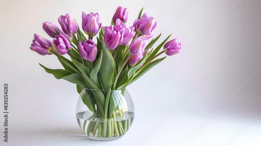 A beautiful arrangement of purple tulips in a clear glass vase, placed against a white background A beautiful arrangement of purple tulips in a clear glass vase, placed against a white background