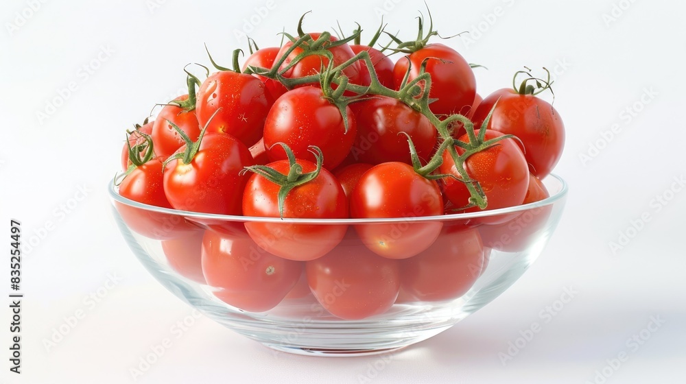 A beautiful arrangement of tomatoes in a clear glass bowl, placed against a white background A beautiful arrangement of tomatoes in a clear glass bowl, placed against a white background