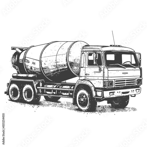 Etched Concrete Mixer Truck: Vintage Industrial Design, Construction Vehicle Illustration.