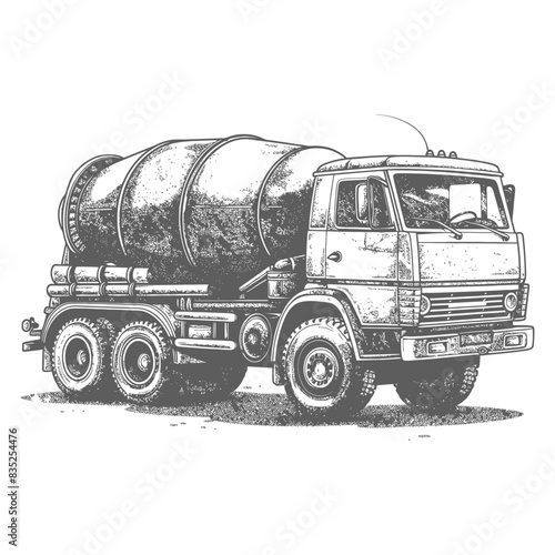 Cement Truck Engraving: Detailed Industrial Vehicle Illustration.