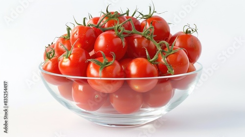 A beautiful arrangement of tomatoes in a clear glass bowl, placed against a white background photo