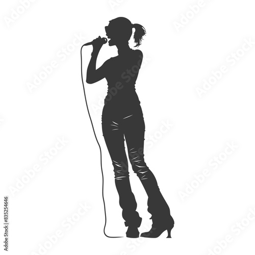 Silhouette Singer: Pop Star in Jeans, Ponytail, Microphone Stand.