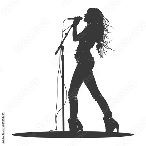 Silhouette Singer: Rock Star Diva in Denim & Boots, Mic Stand, Windy Hair.