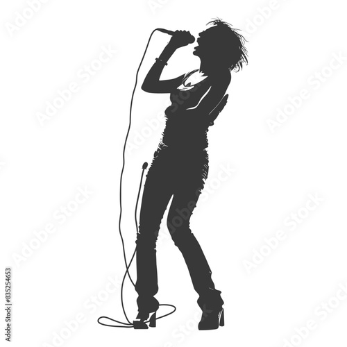 Silhouette of a Rock Singer in Full Performance, Mic in Hand, Wild Hair, Isolated on White.