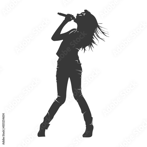 Silhouette of a Dynamic Female Singer with Flowing Hair and Microphone