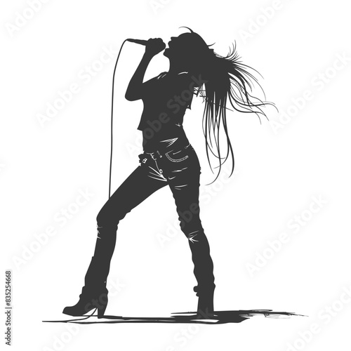 Silhouette Singer: Energetic Female Rock Star with Flowing Hair and Microphone.