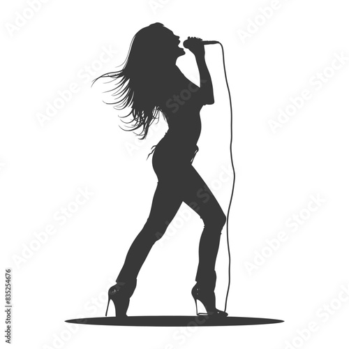 Silhouette Singer: Dynamic Woman Belting into Microphone, Long Hair Blowing, Heels, White Background