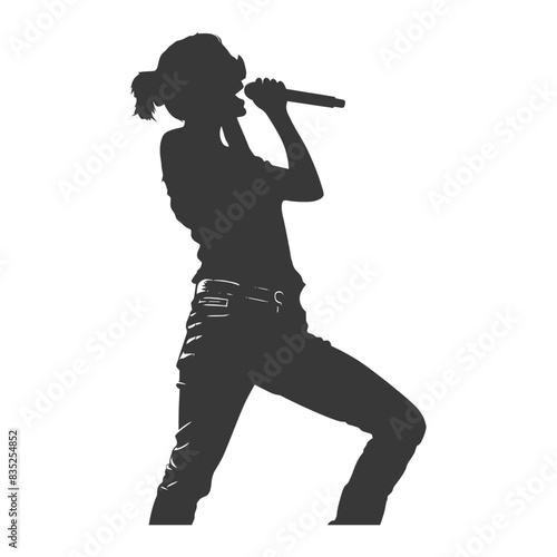 Silhouette: Energetic Female Singer with Microphone, Ponytail, and Belt.