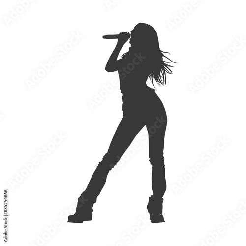 Silhouette of a woman singing passionately into a microphone, hair flying, dynamic pose.