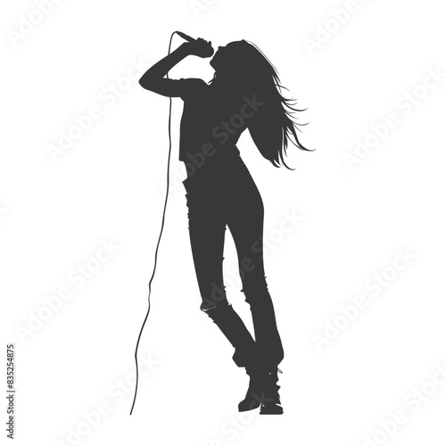 Silhouette of a Rock Singer with Flowing Hair, Holding a Microphone, Isolated.